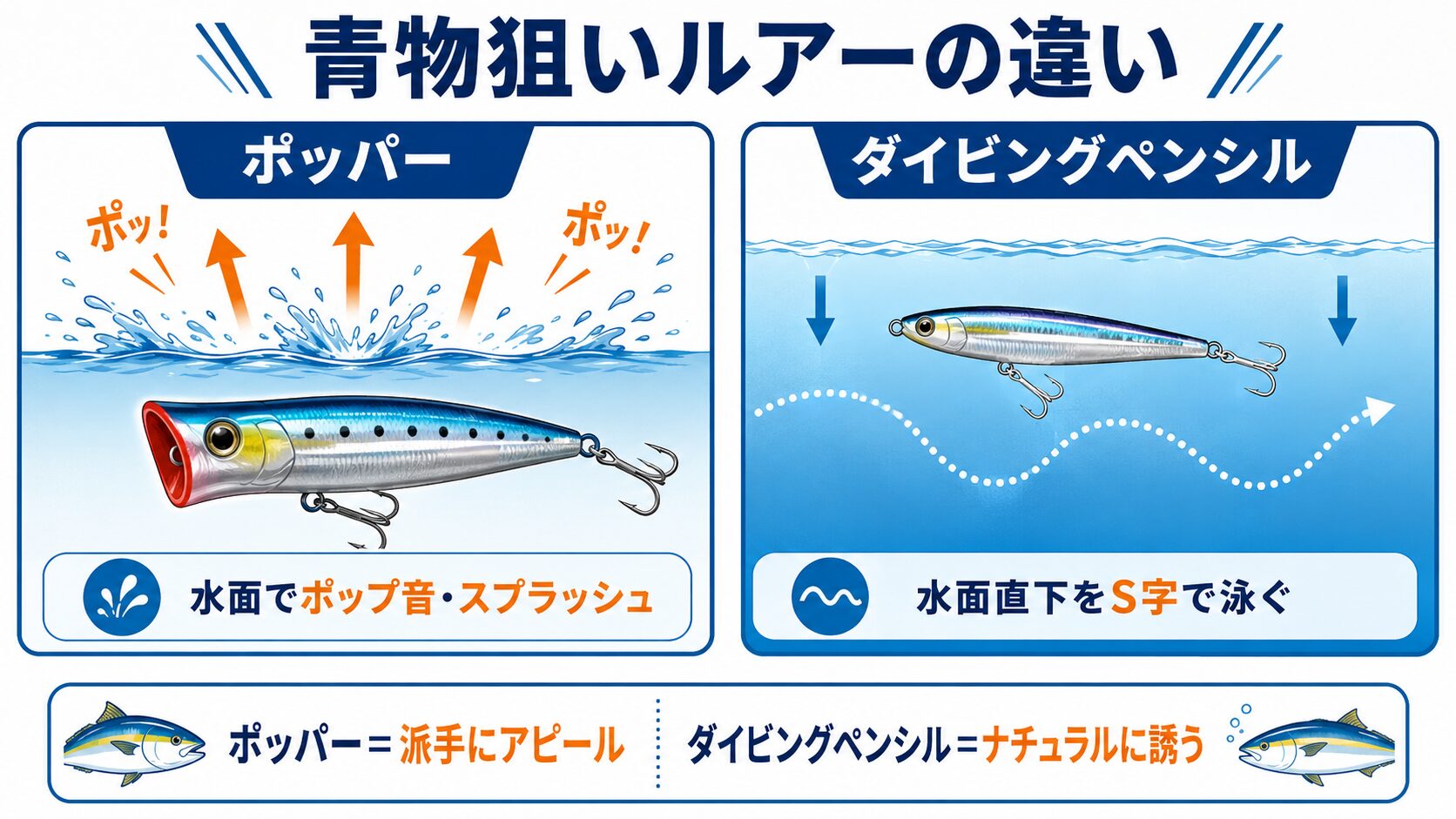 ポッパーとダイビングペンシルの動きの違い