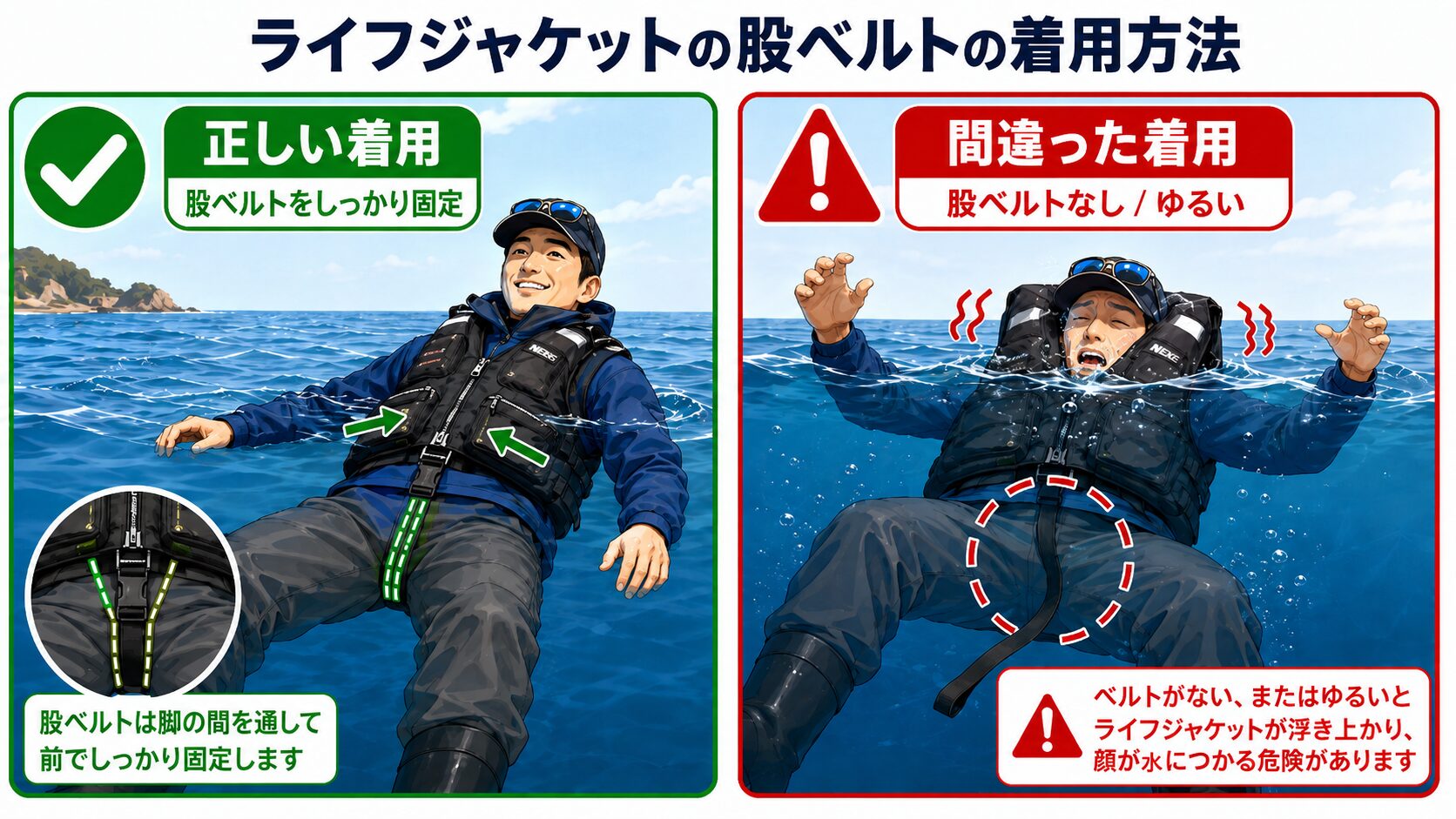 股ベルトあり・なしの落水時比較