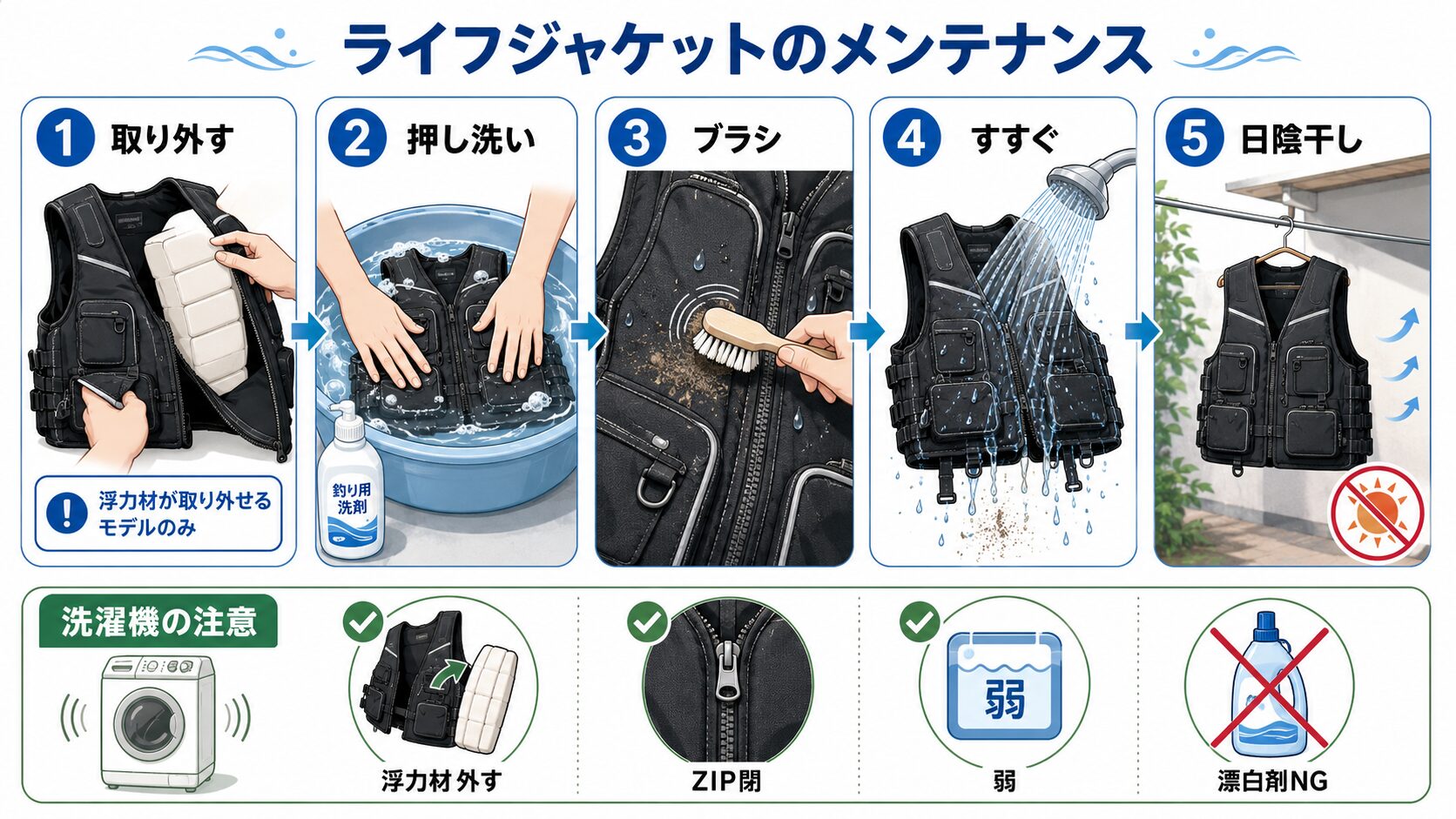 フローティングベストの洗い方・メンテナンス