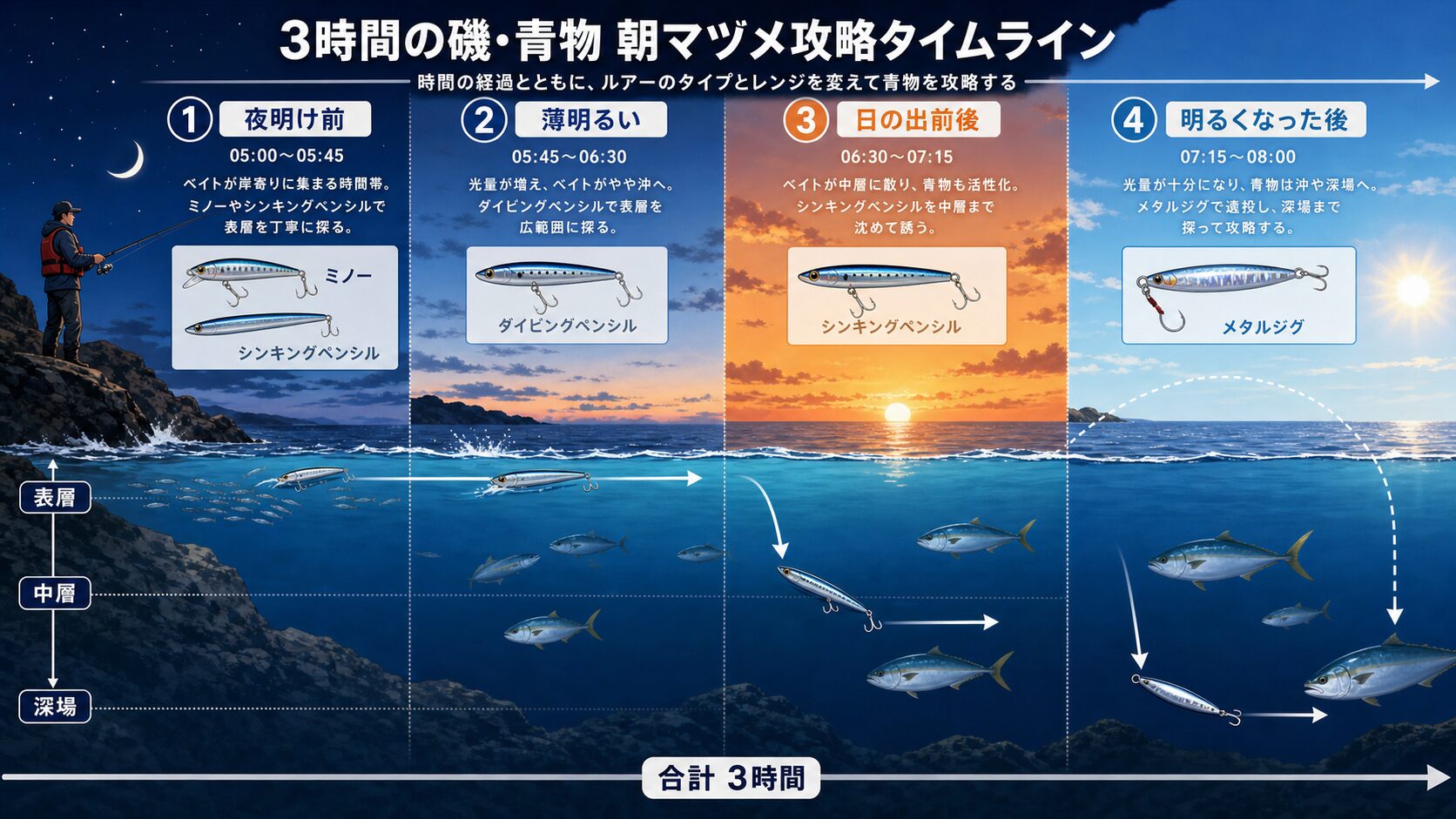 磯の青物を狙う朝まずめ3時間のルアーとレンジ攻略図