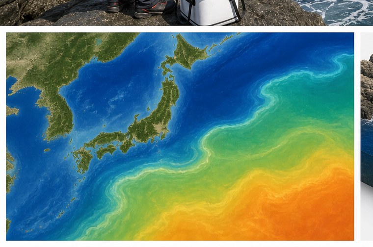 海面水温図を釣りに使う|前日差・潮境・沿岸データの読み方の状況を水中と磯上から示した図解