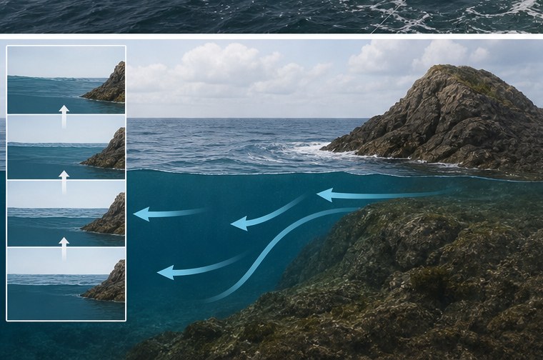 潮汐表と現場の流れがずれる理由｜潮流の遅れを観察するの状況を水中と磯上から示した図解