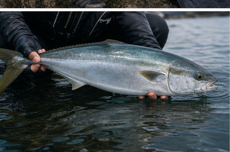 大型青物とヒラスズキを元気に返す｜キャッチ＆リリース手順の状況を水中と磯上から示した図解