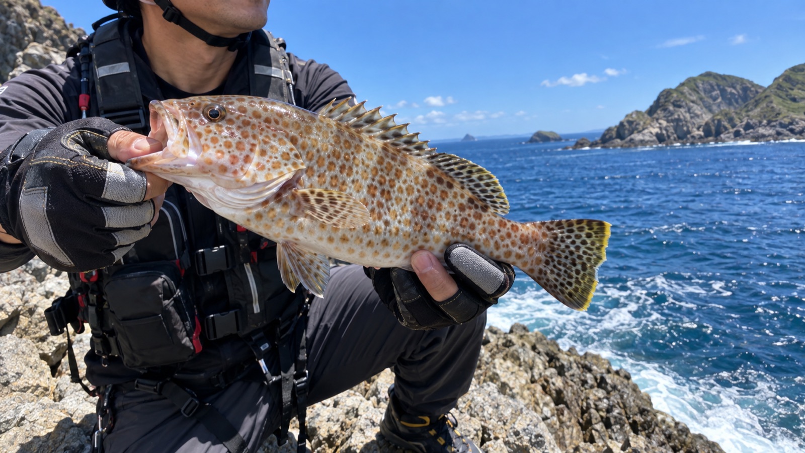 磯で釣り上げたオオモンハタを手に持つアングラー