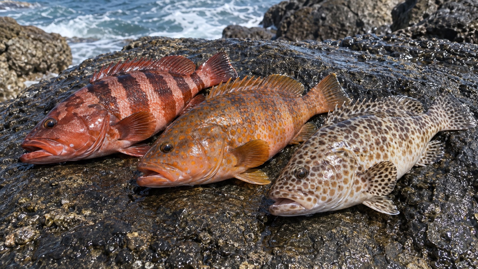 オオモンハタ・アコウ・アカハタの3種類の根魚を並べた写真