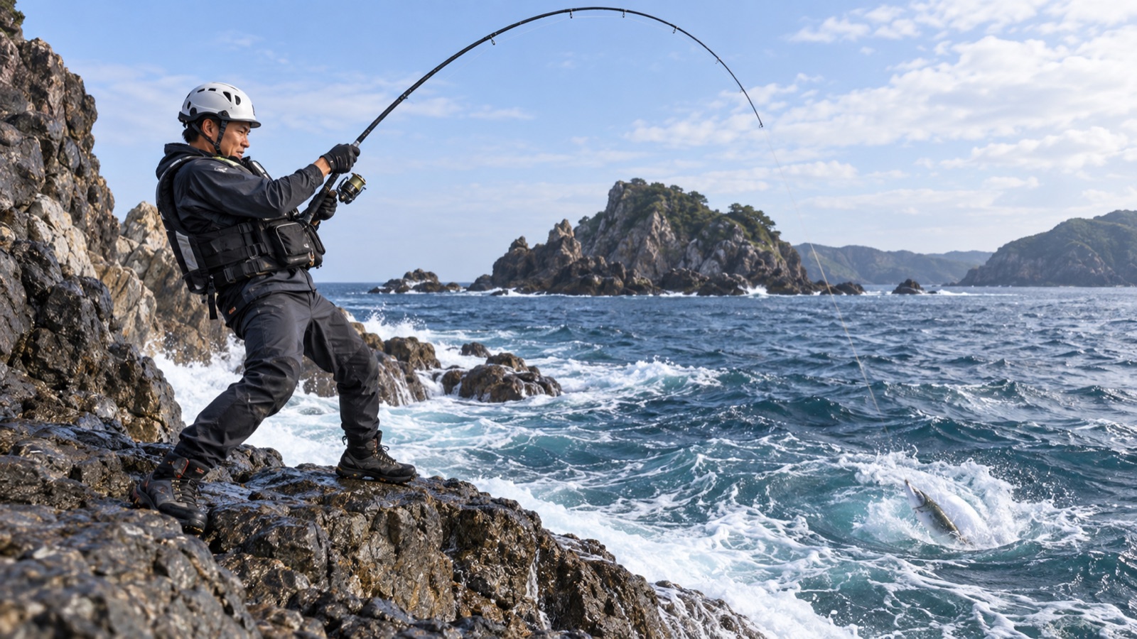 ルアーを巻き上げながらロッドを立てて根から根魚を引き離すアングラー