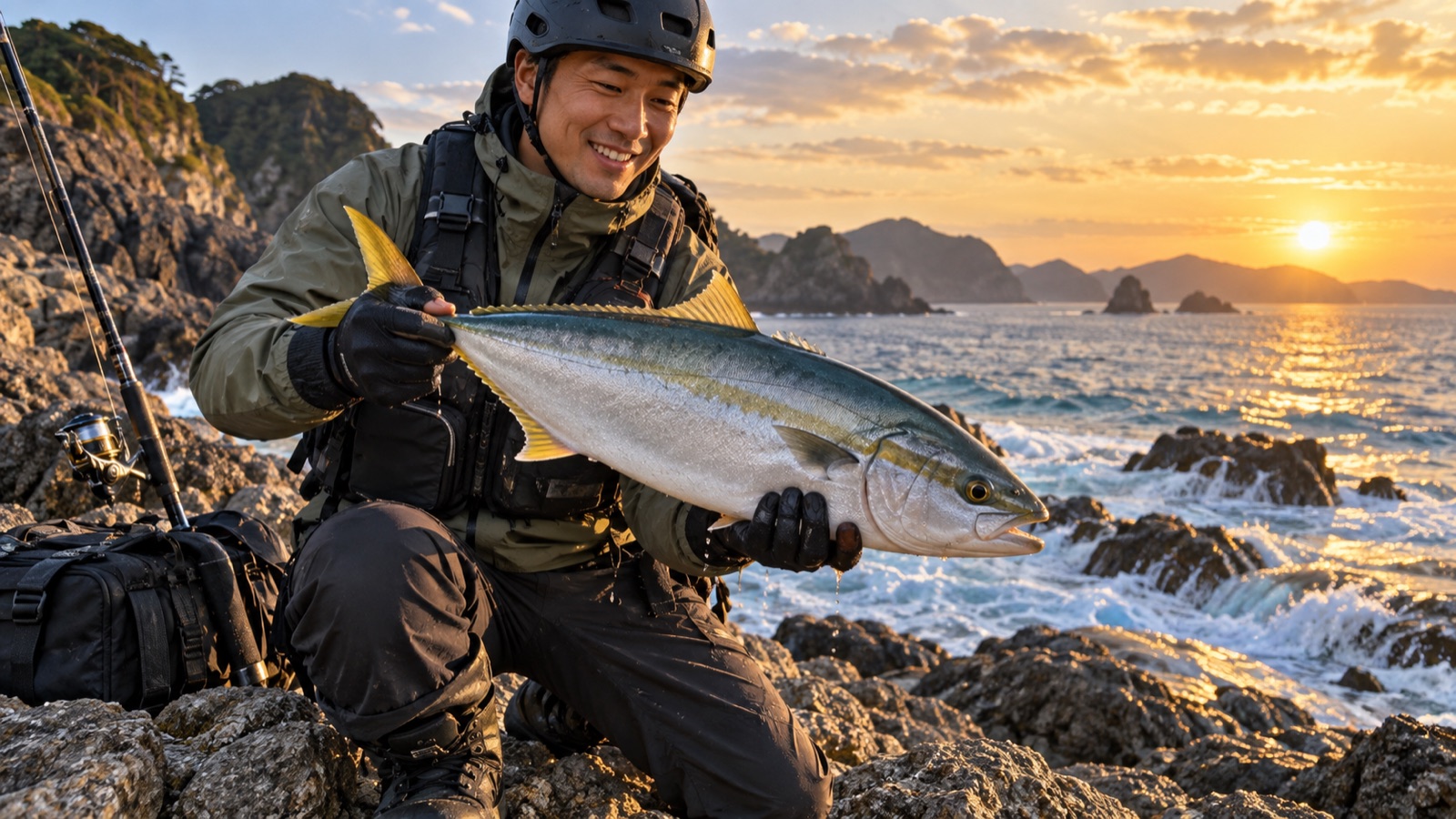 夕方、釣れた青物を持って笑顔で帰り支度をするアングラー