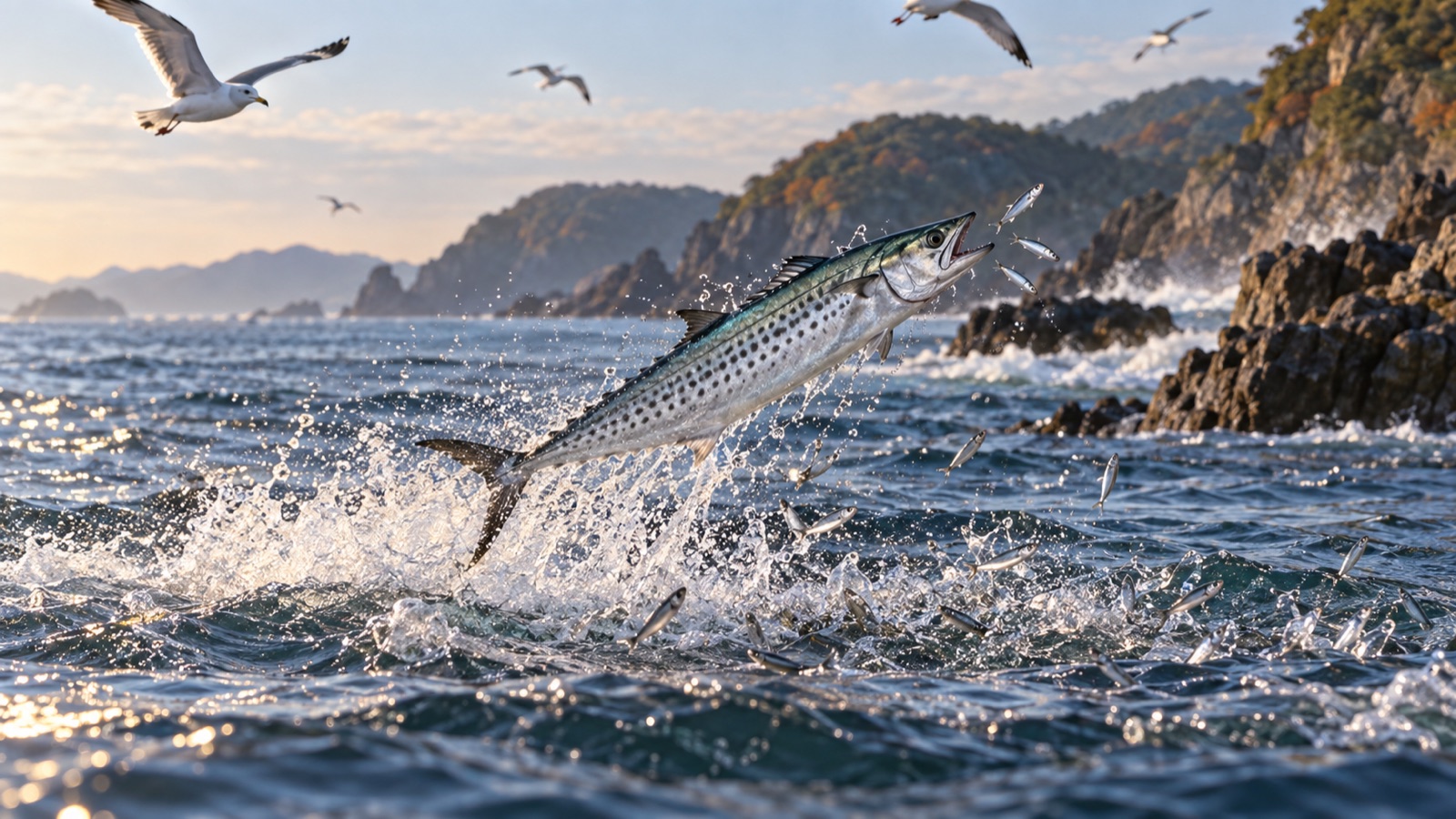 磯の沖でサワラが小魚を追って跳ねている海面