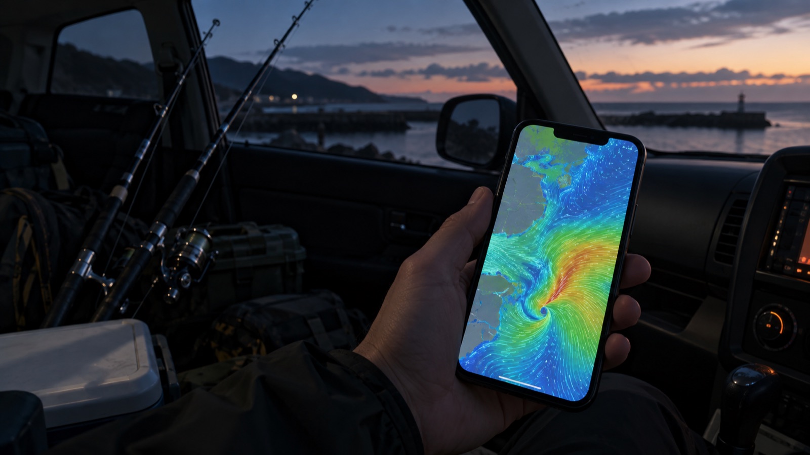 夜明け前の車内でスマホの天気予報アプリを確認する釣り人の手元