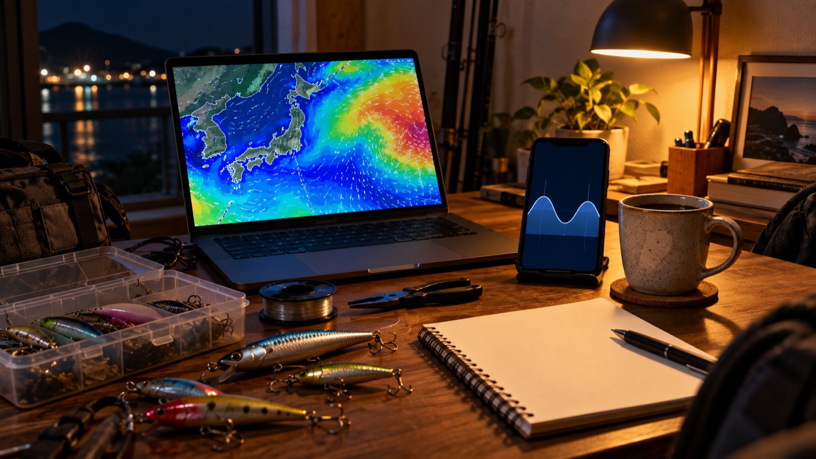 自宅の机でスマホとパソコンを並べて翌日の釣行計画を立てる様子