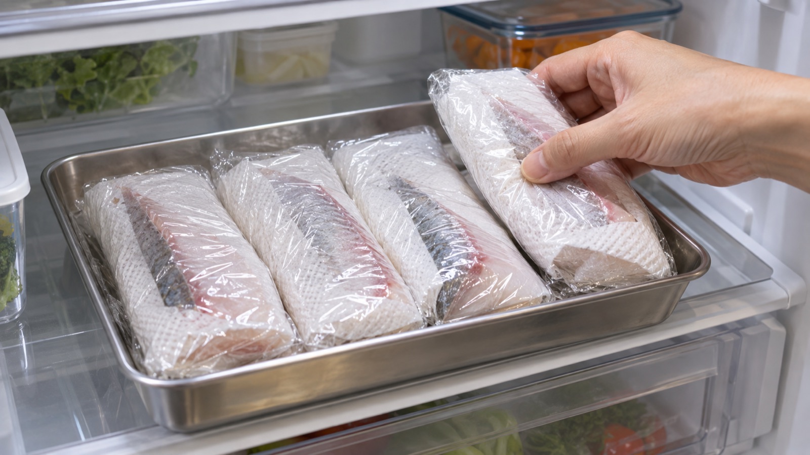 キッチンペーパーとラップで包んだブリの柵を冷蔵庫に入れる様子