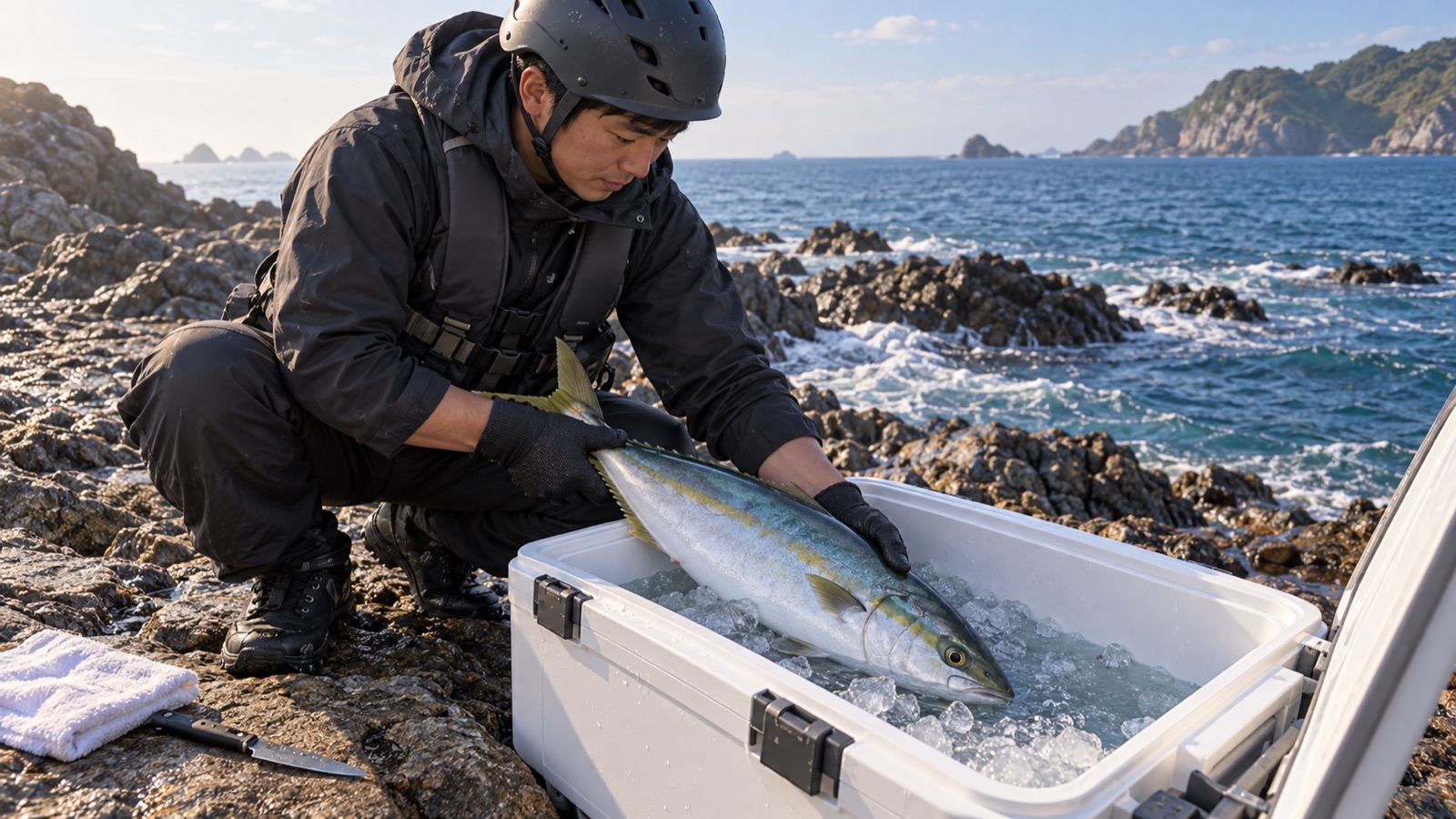 磯の上でワラサを締めて潮氷のクーラーに入れるアングラー