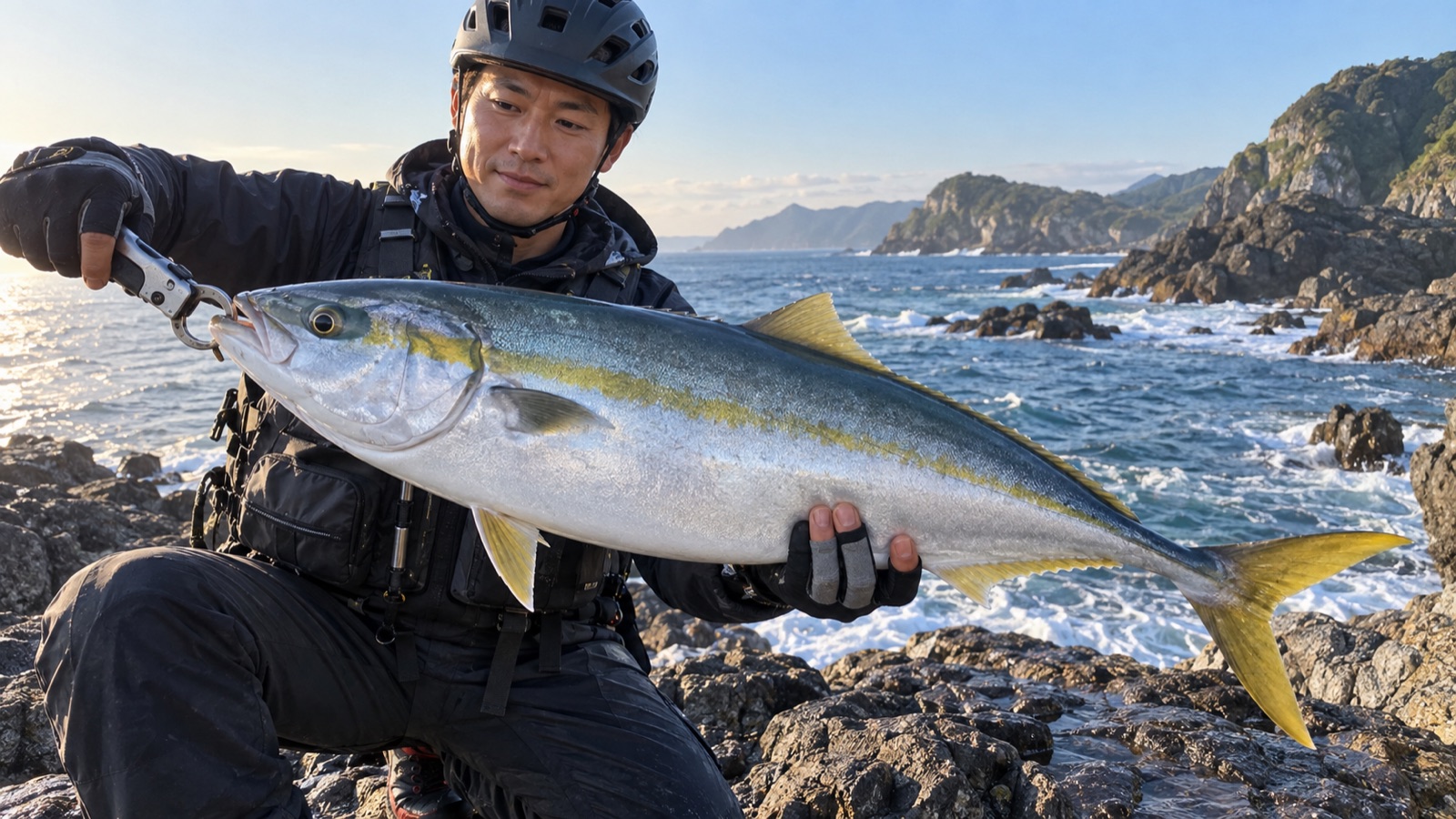 磯でフィッシュグリップを使って青物の下あごをつかむアングラー