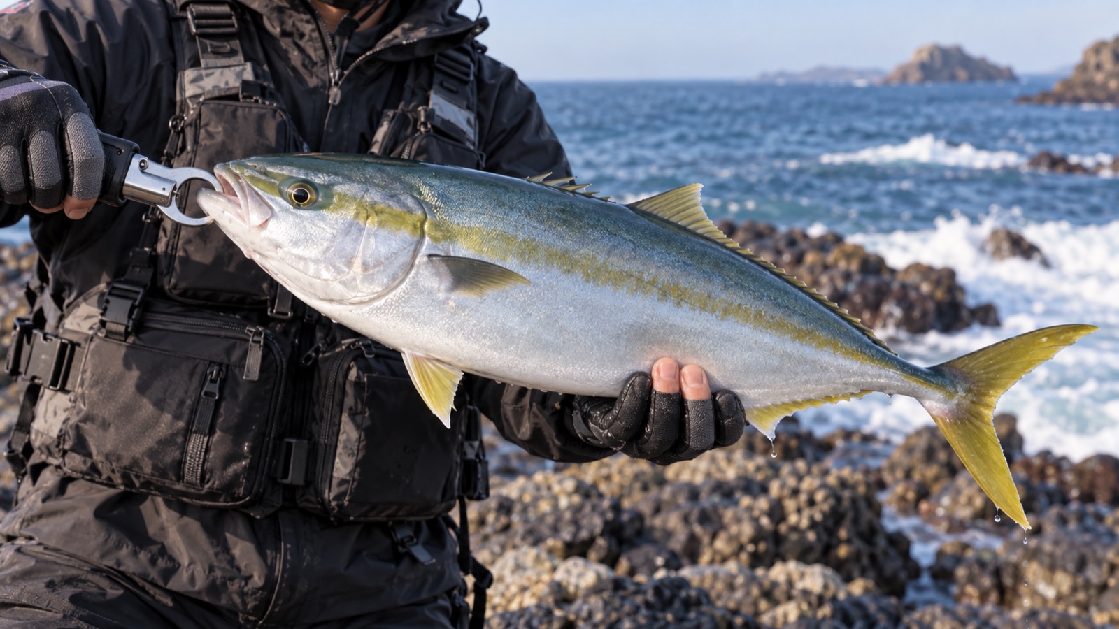 フィッシュグリップで魚をつかみながら腹を手で支えている様子