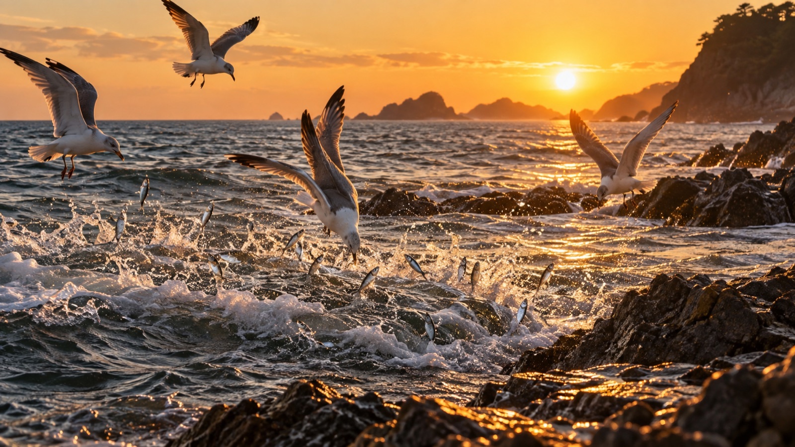 夕方の潮目でベイトが跳ね、鳥が集まっている海面