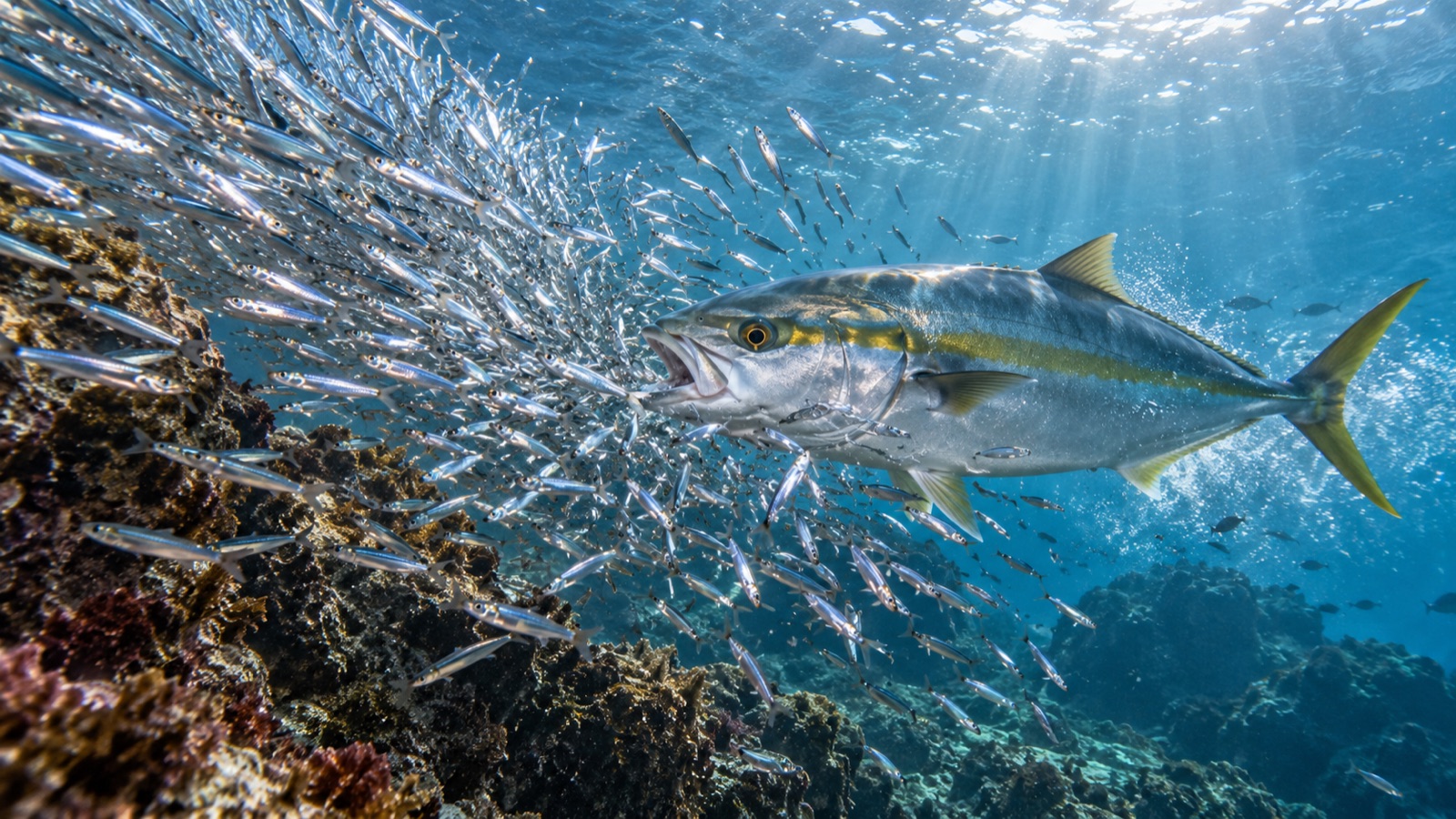 小さなイワシの群れを追う青物の水中写真