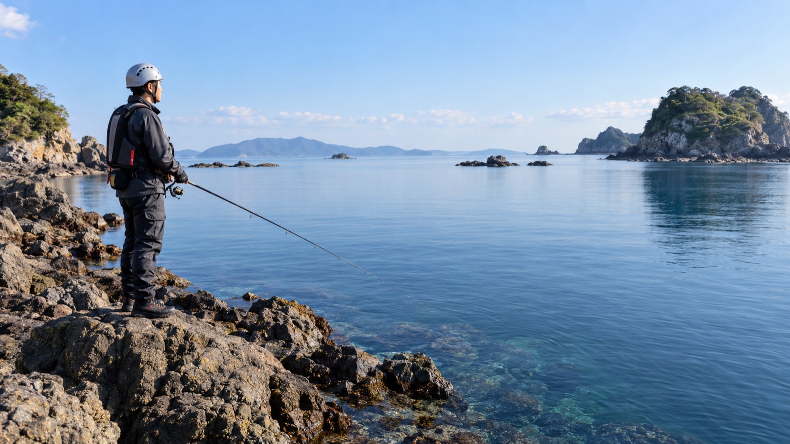 潮が止まって鏡のように静かな海を見つめる磯のアングラー