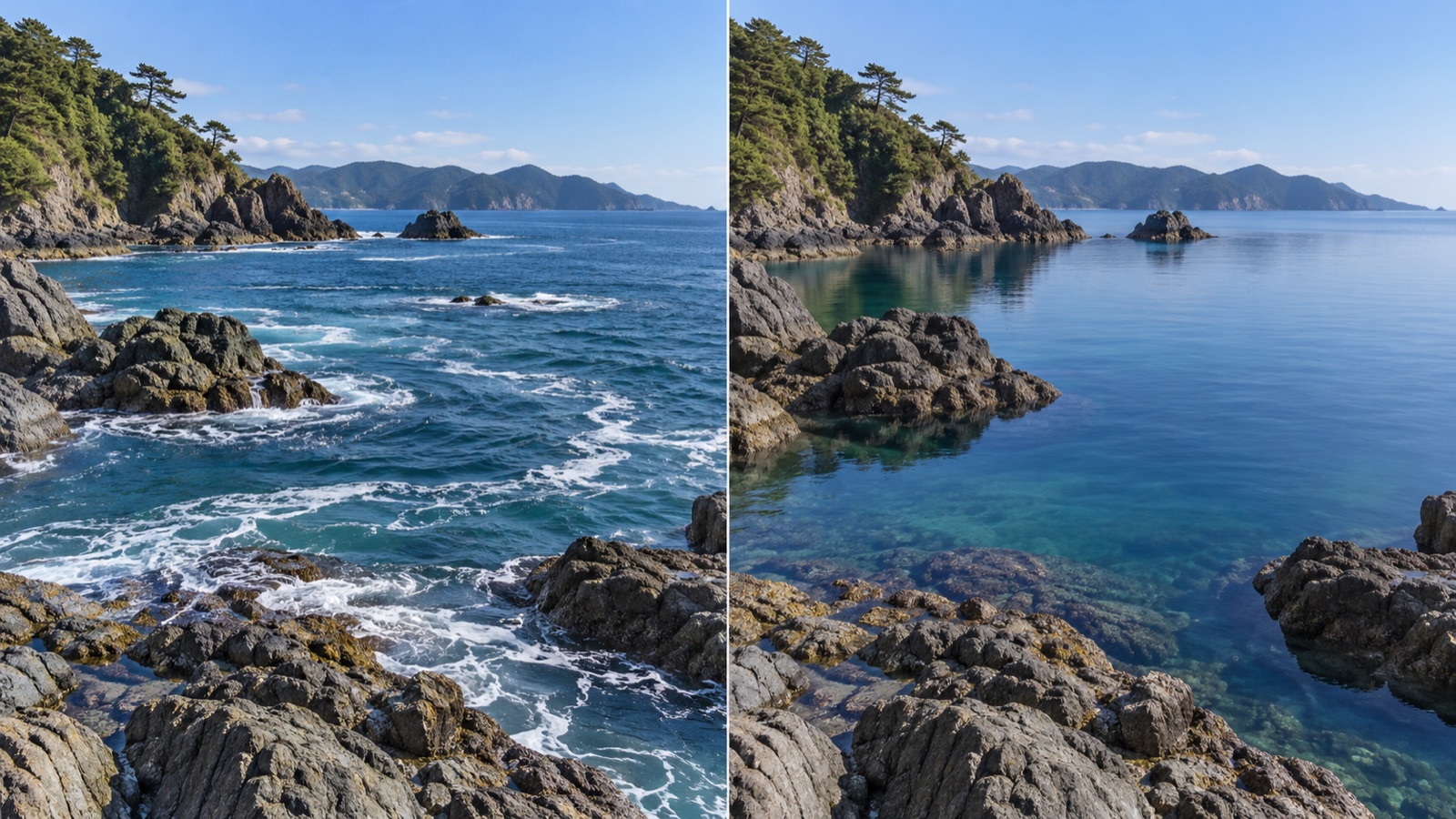 潮が動いて潮目ができている海と、潮が止まった静かな海の比較