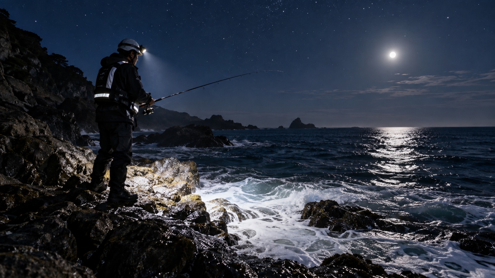 夜の磯でヘッドライトを点けて海を照らすアングラー