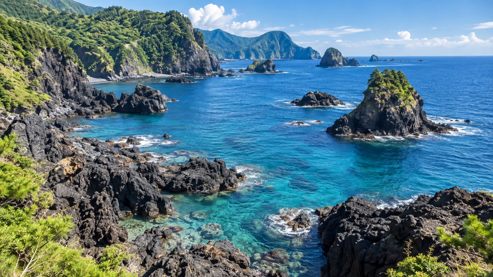 伊豆半島らしい溶岩の黒い磯と透明度の高い海