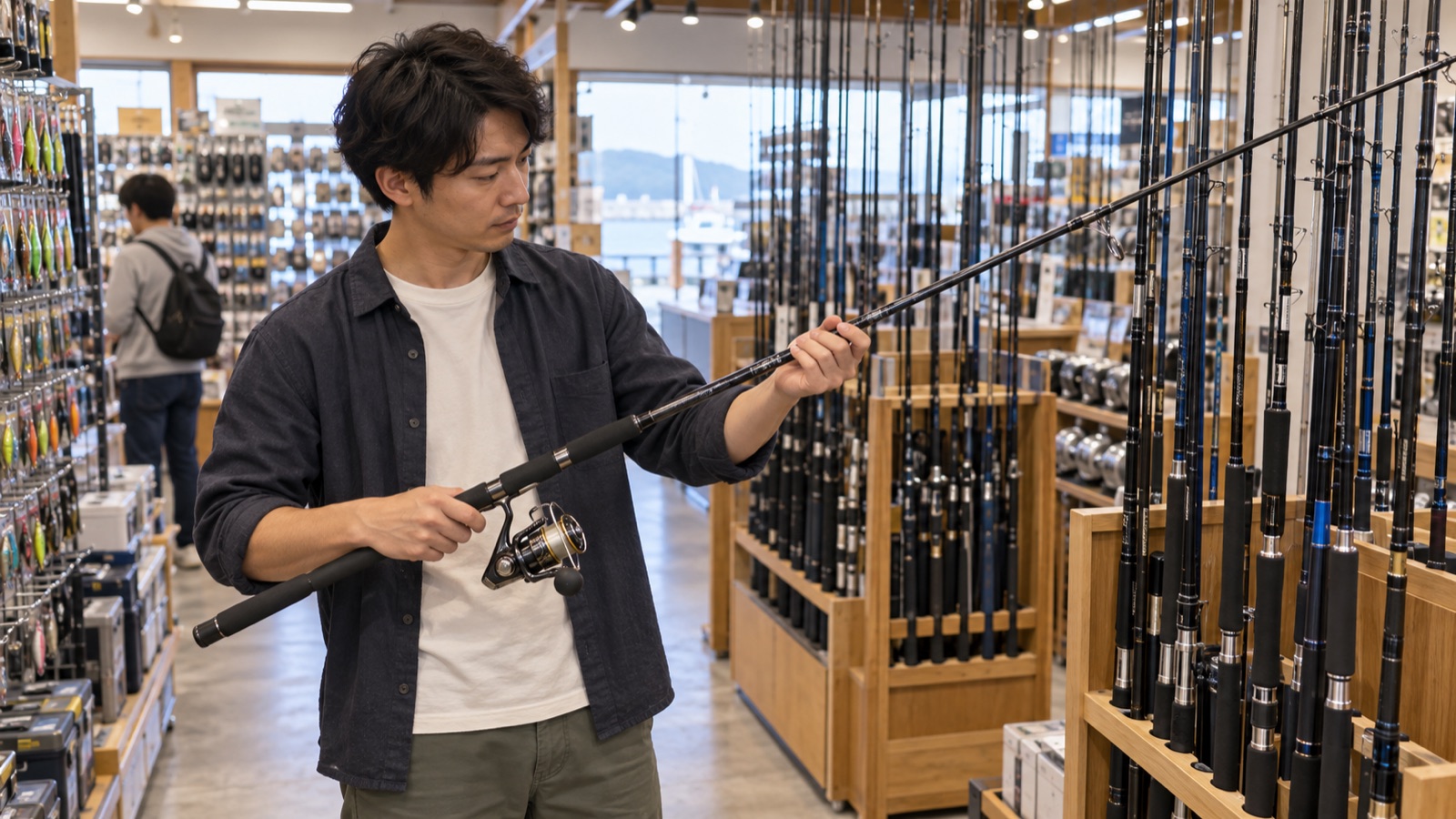 釣具店のロッドコーナーでロッドを手に取って握りを確かめる人